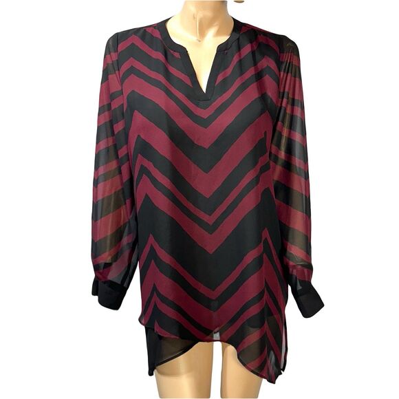 Susan Graver Tunic Blouse Size 14 Chevron Stripe Long Sleeve Pullover Sheer - Picture 1 of 9